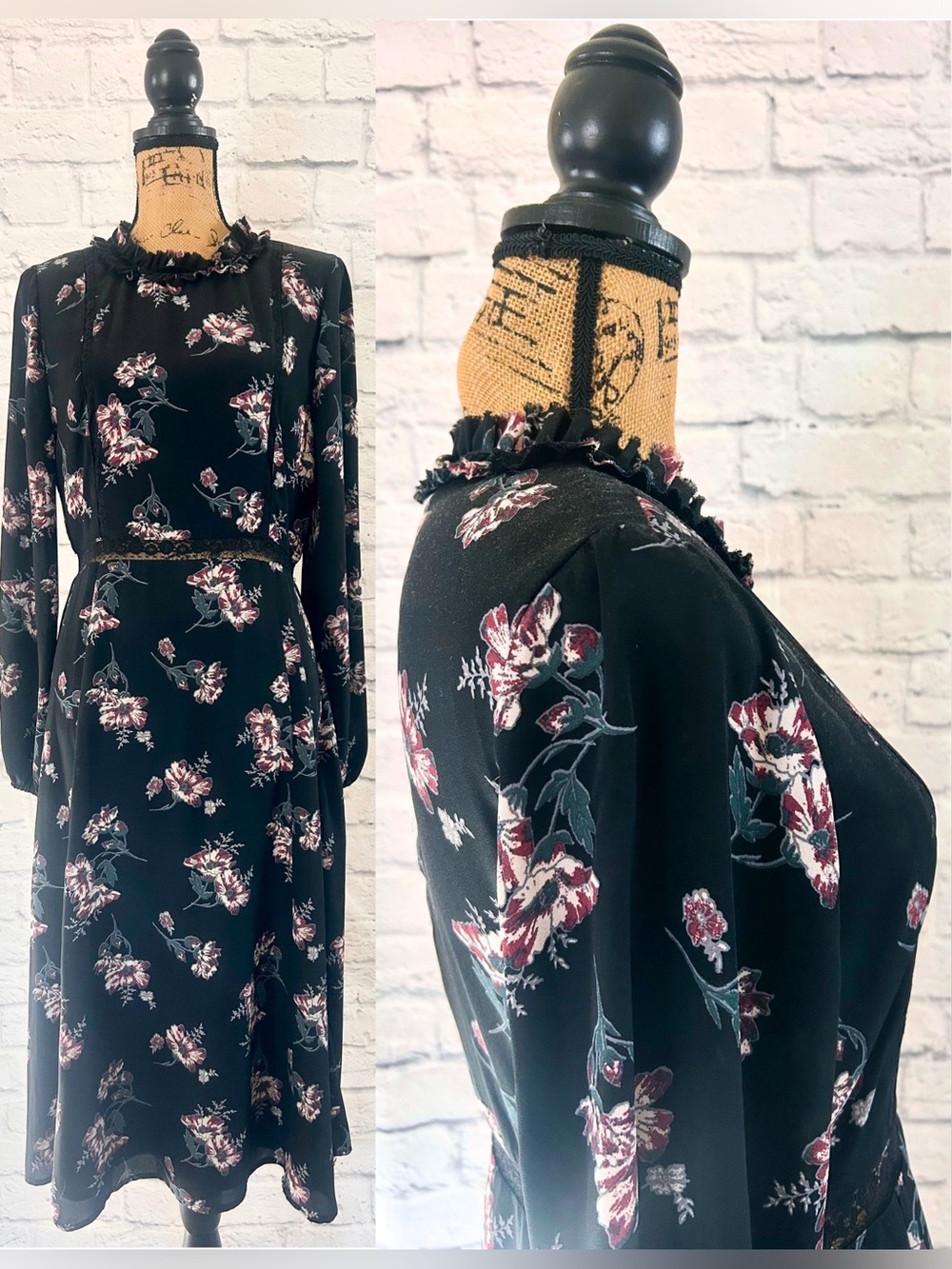 June & Hudson Black Maxi Dress Floral Ruffles Lace Velvet Whimsigoth Boho Fairy